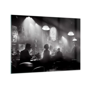 Cuadro sobre vidrio - Impresiones sobre Vidrio - Escenario de jazz en blanco y negro en el interior de un club - 70x50cm - En clave de jazz - Decoración de pared moderna para salón y dormitorio ARTTOR