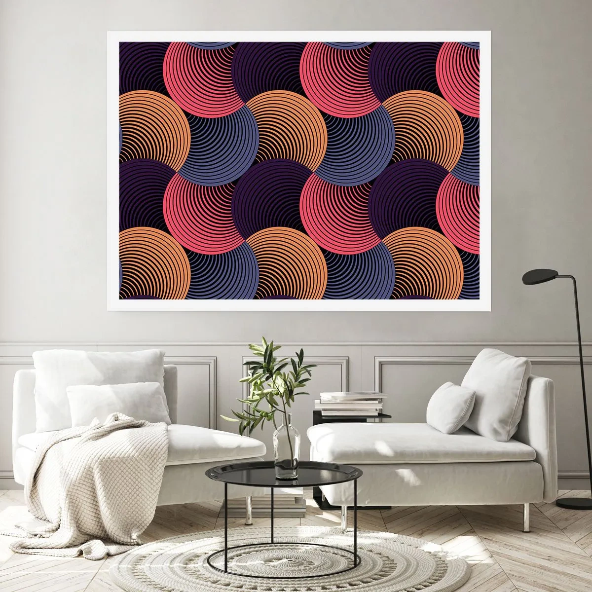 Póster - Círculos geométricos en tonos rosa, morado y dorado. - 100x70cm - En un ritmo circular - Decoración de pared moderna para salón y dormitorio ARTTOR