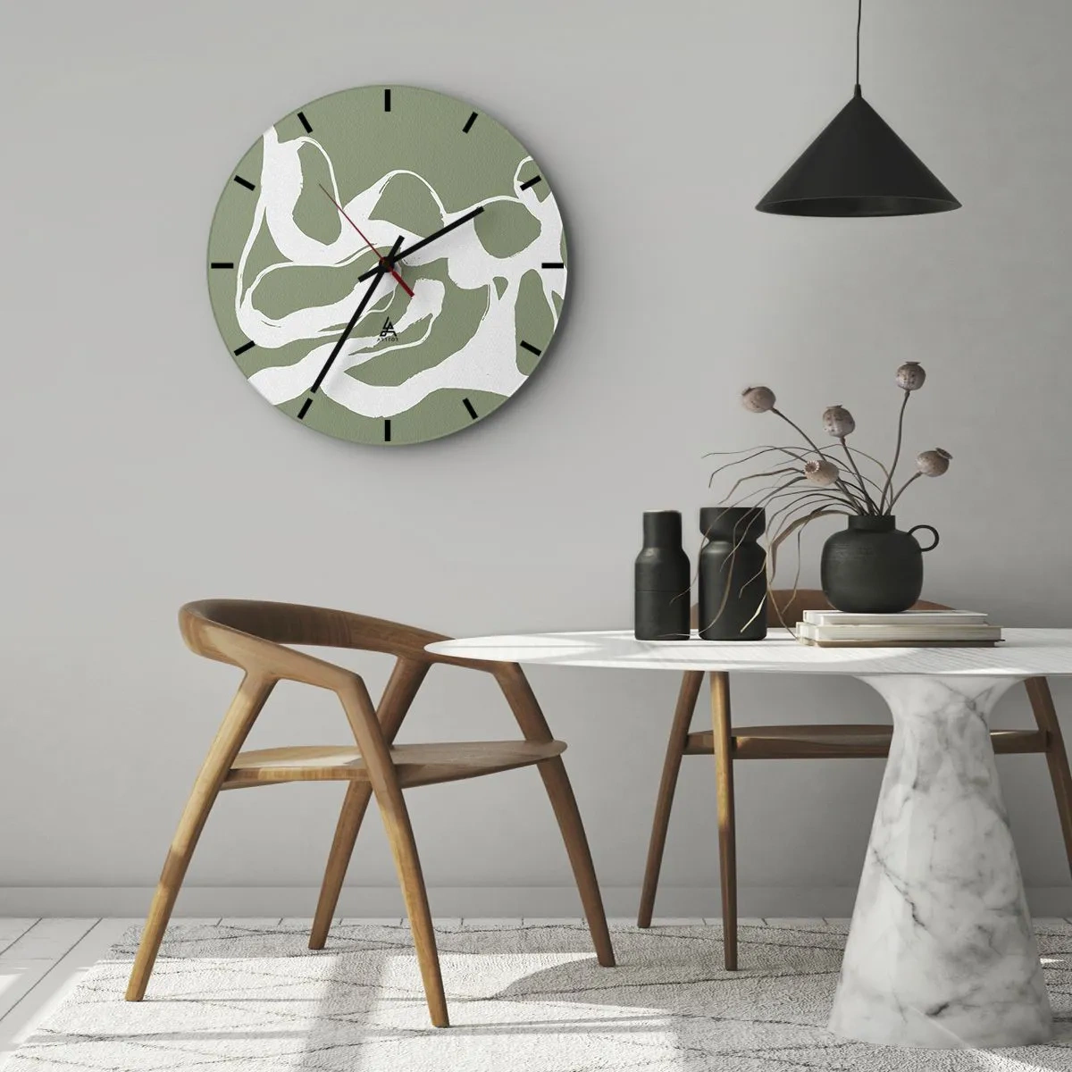 Reloj de pared - Reloj de vidrio - Formas blancas orgánicas sobre un fondo verde oliva - 30x30cm - La llamada del espacio - Decoración de pared moderna para salón, cocina y dormitorio ARTTOR