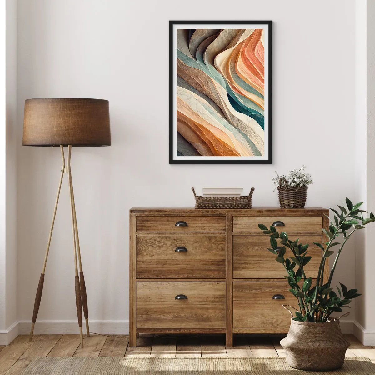 Póster en marco negro - Ondas orgánicas en tonos cálidos y naturales. - 50x70cm - Momentos previos al cambio - Decoración de pared moderna para salón y dormitorio ARTTOR