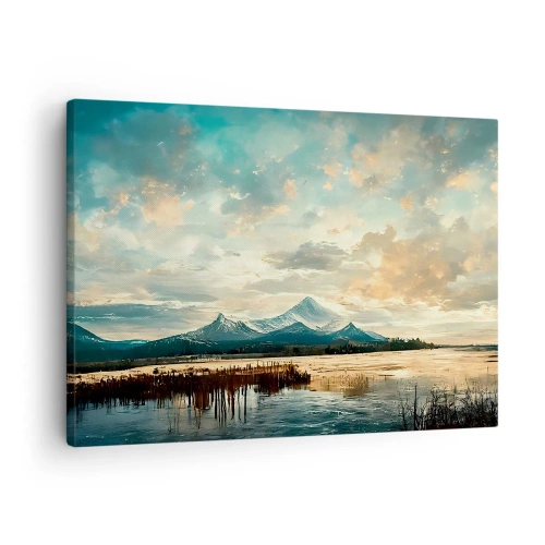 Cuadro sobre lienzo - Impresión de Imagen - Un paisaje pintoresco con una montaña y un lago tranquilo. - 70x50cm - Bajo la protección del cielo - Decoración de pared moderna para salón y dormitorio ARTTOR