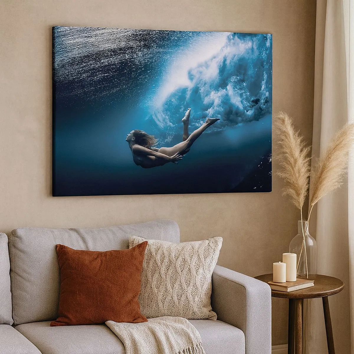 Cuadro sobre lienzo - Impresión de Imagen - Fotografía submarina con una mujer y burbujas de aire. - 70x50cm - Una sirena contemporánea - Decoración de pared moderna para salón y dormitorio ARTTOR