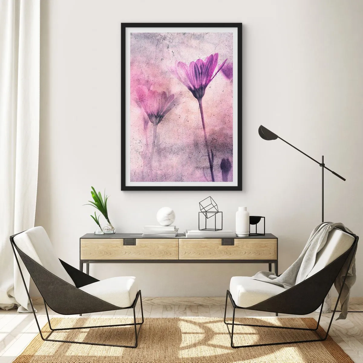 Póster en marco negro - Delicadas flores en tonos rosa y morado sobre un fondo claro. - 50x70cm - Sueño de flores - Decoración de pared moderna para salón y dormitorio ARTTOR