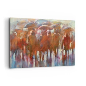 Cuadro sobre lienzo - Impresión de Imagen - Una multitud de personas con paraguas en un entorno artístico y lluvioso. - 120x80cm - Iguales entre la niebla - Decoración de pared moderna para salón y dormitorio ARTTOR