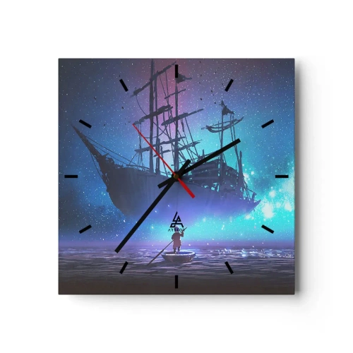Reloj de pared - Reloj de vidrio - Un barco fantástico contra el cielo estrellado. - 30x30cm - El encuentro con el mito del mar - Decoración de pared moderna para salón y dormitorio ARTTOR