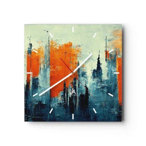 Reloj de pared - Reloj de vidrio - Paisaje urbano abstracto en tonos naranja y azul. - 30x30cm - Paisaje moderno - Decoración de pared moderna para salón y dormitorio ARTTOR