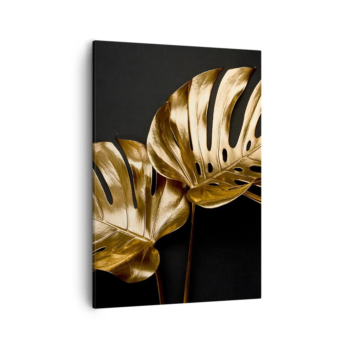 Cuadro sobre lienzo - Impresión de Imagen - Hojas de monstera doradas sobre fondo negro - 50x70cm - Tesoros de la naturaleza - Decoración de pared moderna para salón y dormitorio ARTTOR