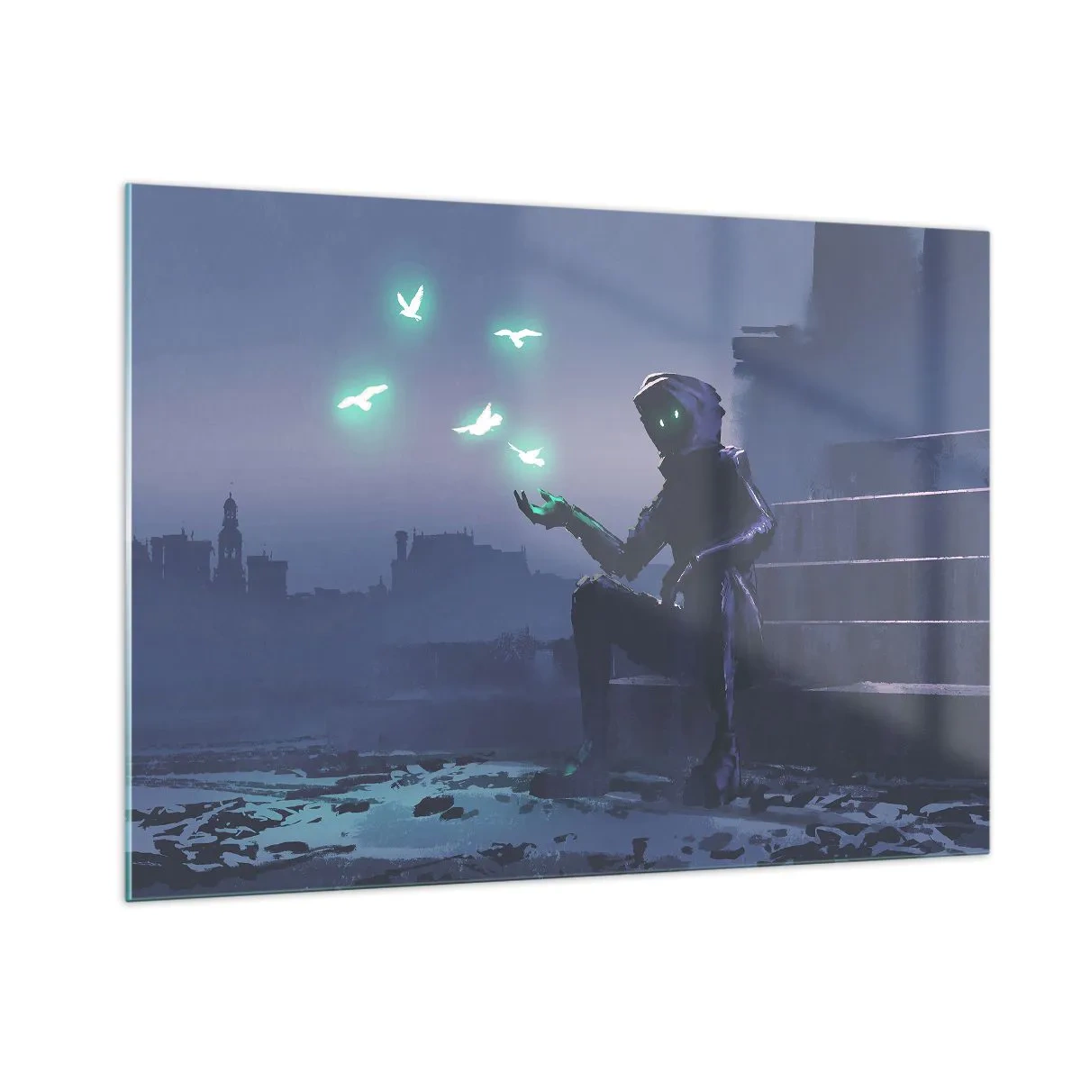 Cuadro sobre vidrio - Impresiones sobre Vidrio - Una figura en la oscuridad rodeada de pájaros verdes flotantes. - 100x70cm - La vida volverá - Decoración de pared moderna para salón y dormitorio ARTTOR