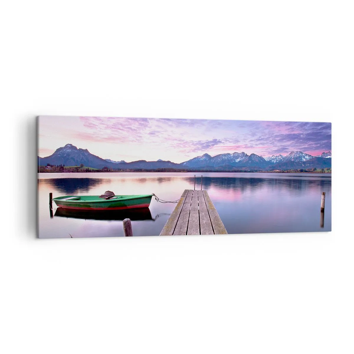Cuadro sobre lienzo - Impresión de Imagen - Un muelle de madera con un barco en un lago rodeado de montañas al atardecer. - 140x50cm - Un silencio amistoso - Decoración de pared moderna para salón y dormitorio ARTTOR
