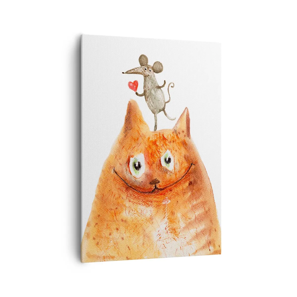 Cuadro sobre lienzo - Impresión de Imagen - Un dibujo de un gato con un ratón en la cabeza sosteniendo un corazón. - 70x100cm - Paradojas del amor - Decoración de pared moderna para salón y dormitorio ARTTOR