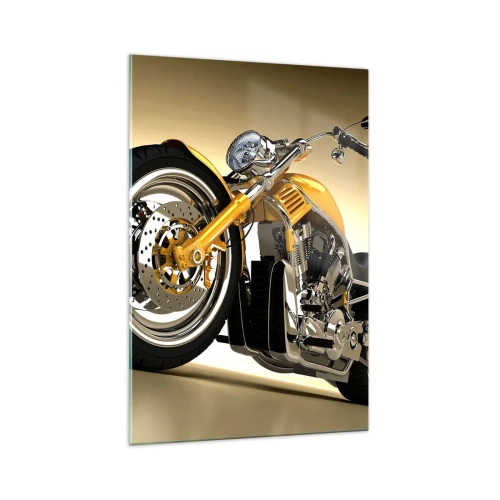 Cuadro sobre vidrio - Impresiones sobre Vidrio - Una motocicleta estilo chopper amarilla contra una pared beige - 70x100cm - Un sueño de fuerza y velocidad - Decoración de pared moderna para salón y dormitorio ARTTOR