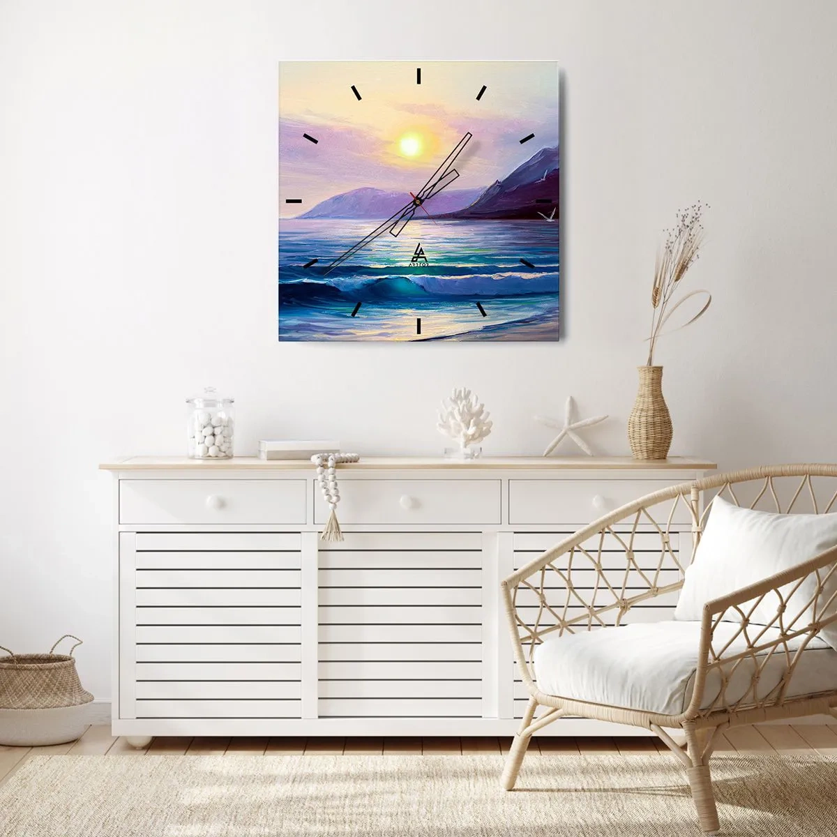 Reloj de pared - Reloj de vidrio - Un pintoresco paisaje marino al atardecer con olas y montañas. - 30x30cm - Cristal de agua y aire - Decoración de pared moderna para salón y dormitorio ARTTOR