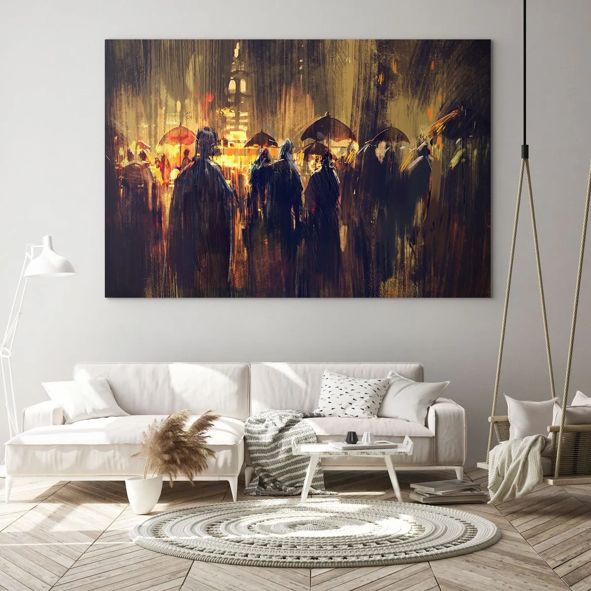 Cuadro sobre vidrio - Impresiones sobre Vidrio - Una multitud con paraguas bajo la lluvia con el telón de fondo de las luces de la ciudad. - 120x80cm - Seguidores de la lluvia - Decoración de pared moderna para salón y dormitorio ARTTOR