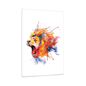 Cuadro sobre vidrio - Impresiones sobre Vidrio - Retrato colorido de un león en un estilo dinámico. - 80x120cm - Estallar de ira  - Decoración de pared moderna para salón y dormitorio ARTTOR