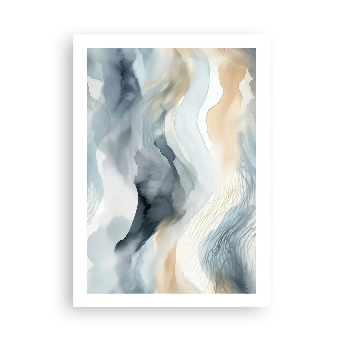 Póster - Ondas abstractas en tonos beige y azul marino - 50x70cm - Abstracción de nieve y niebla - Decoración de pared moderna para salón y dormitorio ARTTOR