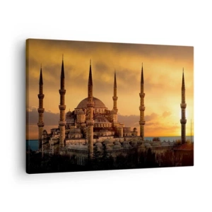 Cuadro sobre lienzo - Impresión de Imagen - La mezquita al atardecer en colores cálidos. - 70x50cm - Dios es grande - Decoración de pared moderna para salón y dormitorio ARTTOR