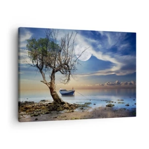 Cuadro sobre lienzo - Impresión de Imagen - Un árbol solitario y un barco en aguas tranquilas bajo la luna llena. - 70x50cm - ¿Es el final o el principio? - Decoración de pared moderna para salón y dormitorio ARTTOR
