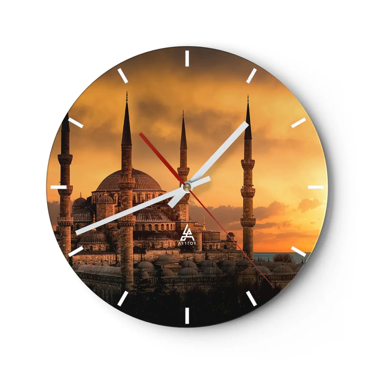 Reloj de pared - Reloj de vidrio - La mezquita bajo el resplandor del sol poniente - 30x30cm - Dios es grande - Decoración de pared moderna para salón, cocina y dormitorio ARTTOR