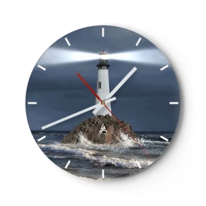 Reloj de pared - Reloj de vidrio - Un faro sobre una roca rodeado de fuertes olas. - 30x30cm - ¡Aquí... aquí... aquí! - Decoración de pared moderna para salón, cocina y dormitorio ARTTOR