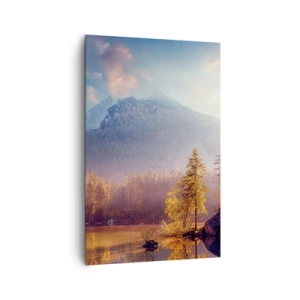 Cuadro sobre lienzo - Impresión de Imagen - Vista pintoresca del bosque de montaña y el lago al amanecer. - 80x120cm - Entre las montañas y los valles - Decoración de pared moderna para salón y dormitorio ARTTOR