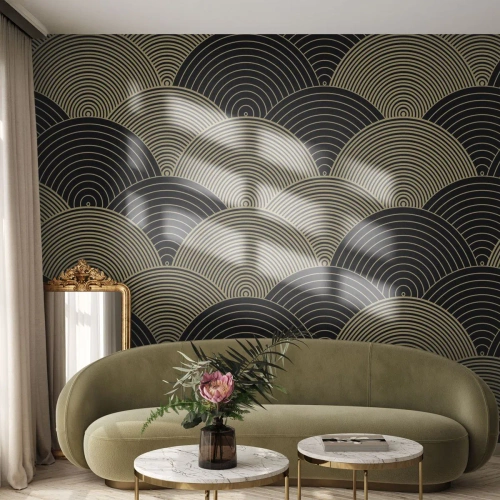Fotomural Premium Sand - Semicírculos dorados que forman un patrón japonés sobre fondo negro. - 100x70cm - Multiplicación de la unidad - Decoración de pared moderna para salón y dormitorio ARTTOR