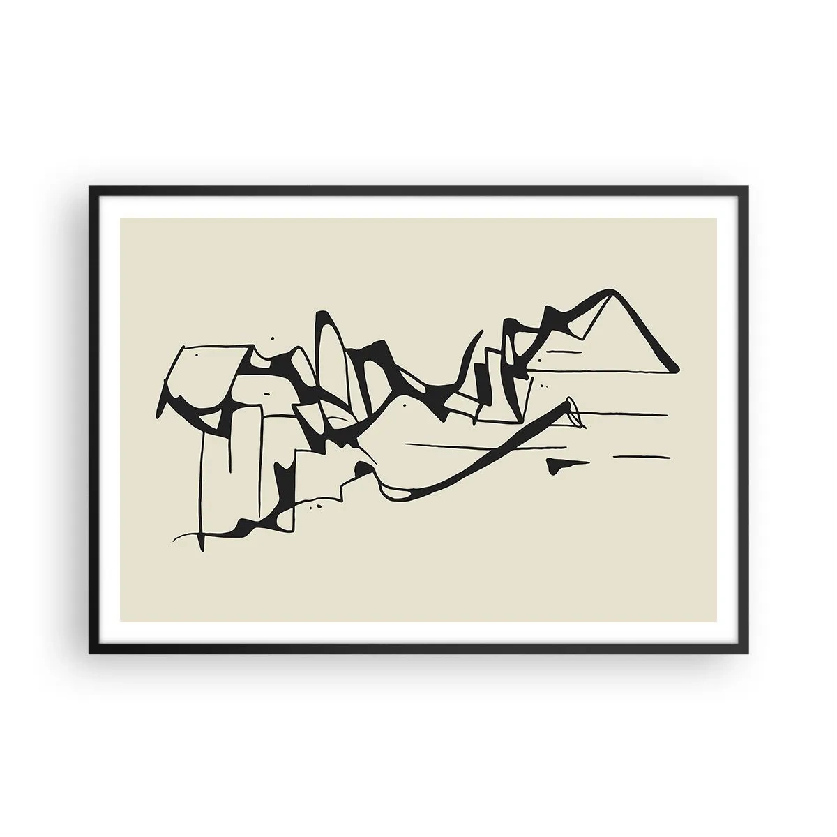 Póster en marco negro - Dibujo abstracto de montañas en blanco y negro - 100x70cm - Tal vez sea un paisaje - Decoración de pared moderna para salón y dormitorio ARTTOR