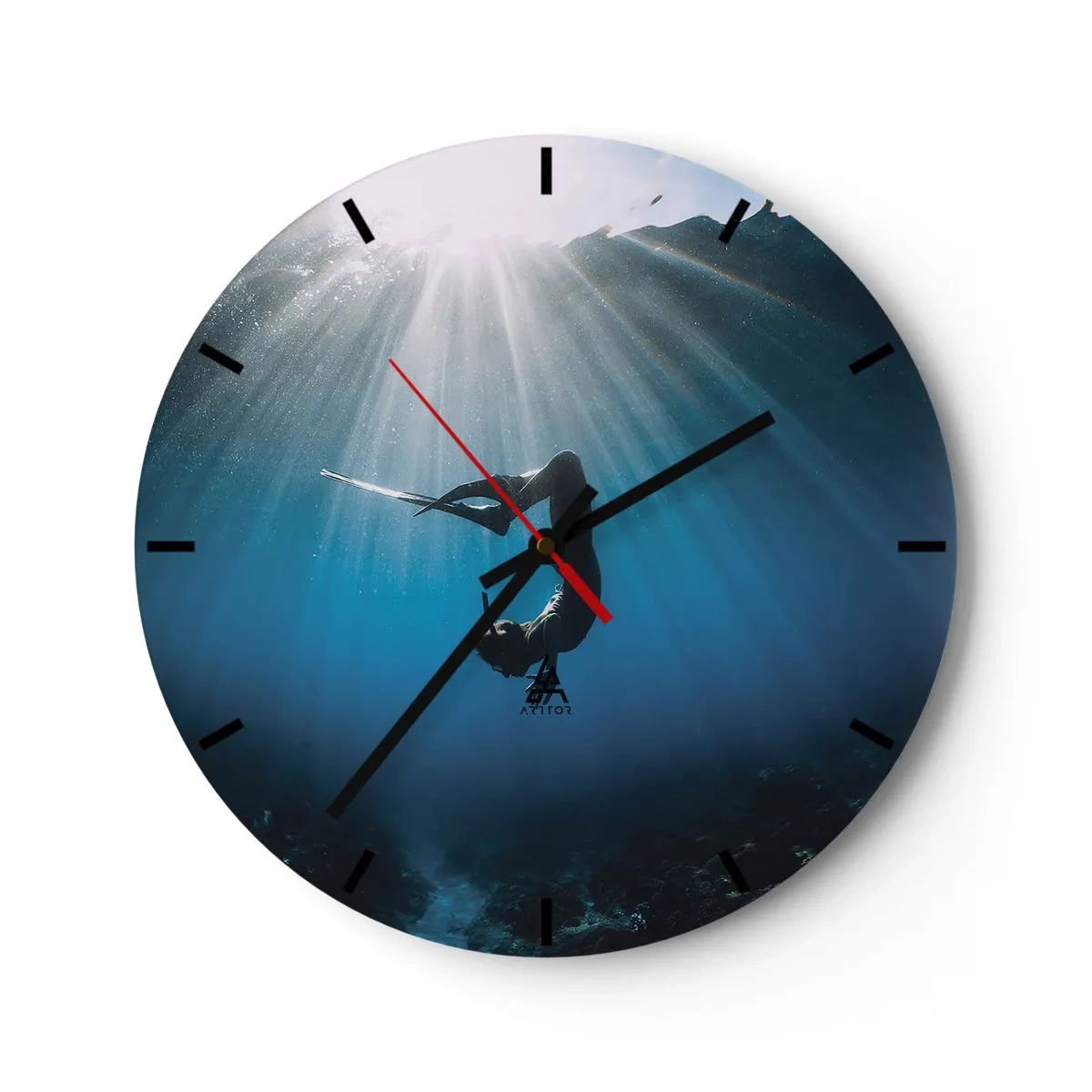 Reloj de pared - Reloj de vidrio - Silueta de una mujer flotando en el agua bajo los rayos del sol. - 30x30cm - Danza subacuática - Decoración de pared moderna para salón, cocina y dormitorio ARTTOR