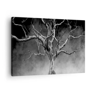 Cuadro sobre lienzo - Impresión de Imagen - Un árbol seco en blanco y negro contra la niebla. - 70x50cm - Primordial y sagrado - Decoración de pared moderna para salón y dormitorio ARTTOR