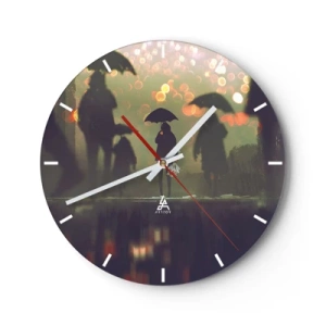 Reloj de pared - Reloj de vidrio - Figuras con paraguas en una calle lluviosa con luz difusa - 30x30cm - Desde la perspectiva de una gota de lluvia - Decoración de pared moderna para salón, cocina y dormitorio ARTTOR