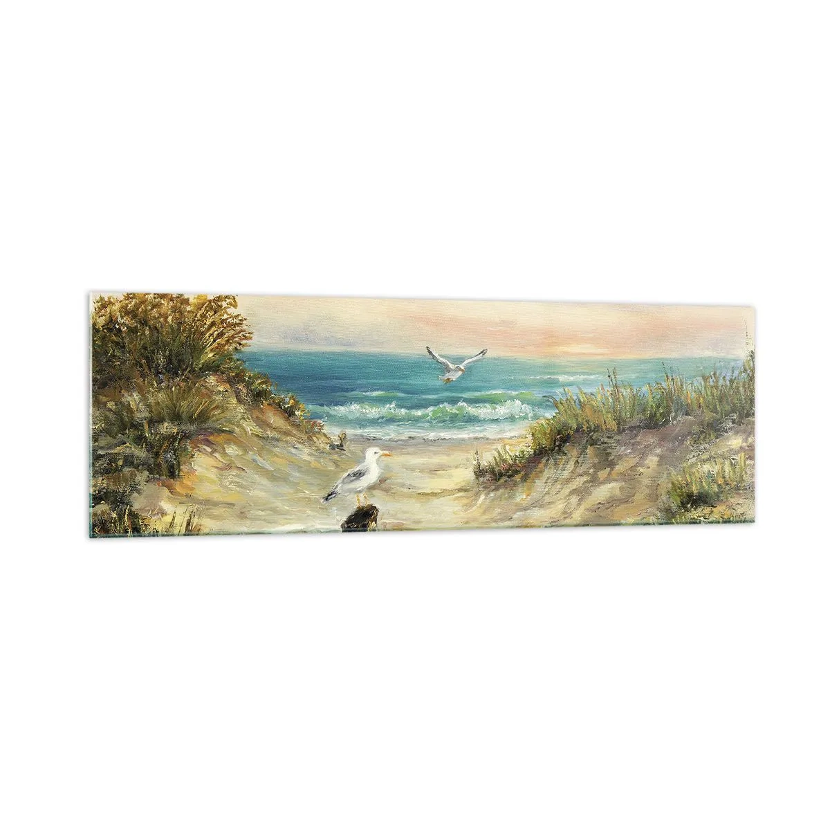 Cuadro sobre vidrio - Impresiones sobre Vidrio - Costa con gaviotas y dunas al atardecer - 160x50cm - Un retiro ventoso - Decoración de pared moderna para salón y dormitorio ARTTOR