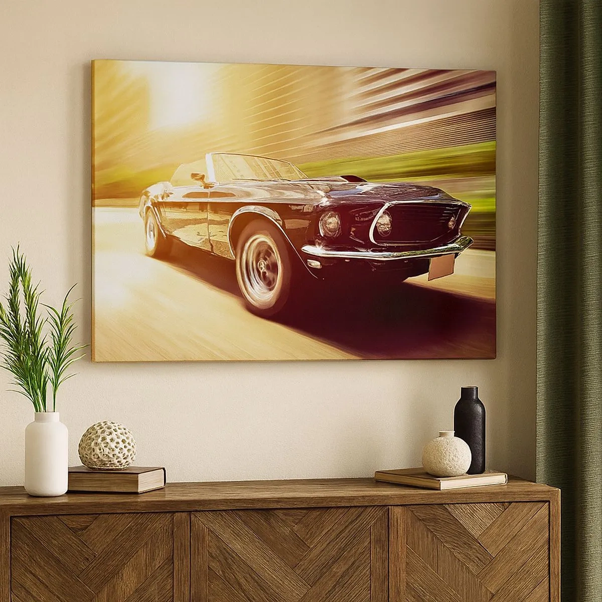 Cuadro sobre lienzo - Impresión de Imagen - Un coche clásico en movimiento con un telón de fondo urbano. - 70x50cm - 1967 - El retorno de una leyenda - Decoración de pared moderna para salón y dormitorio ARTTOR