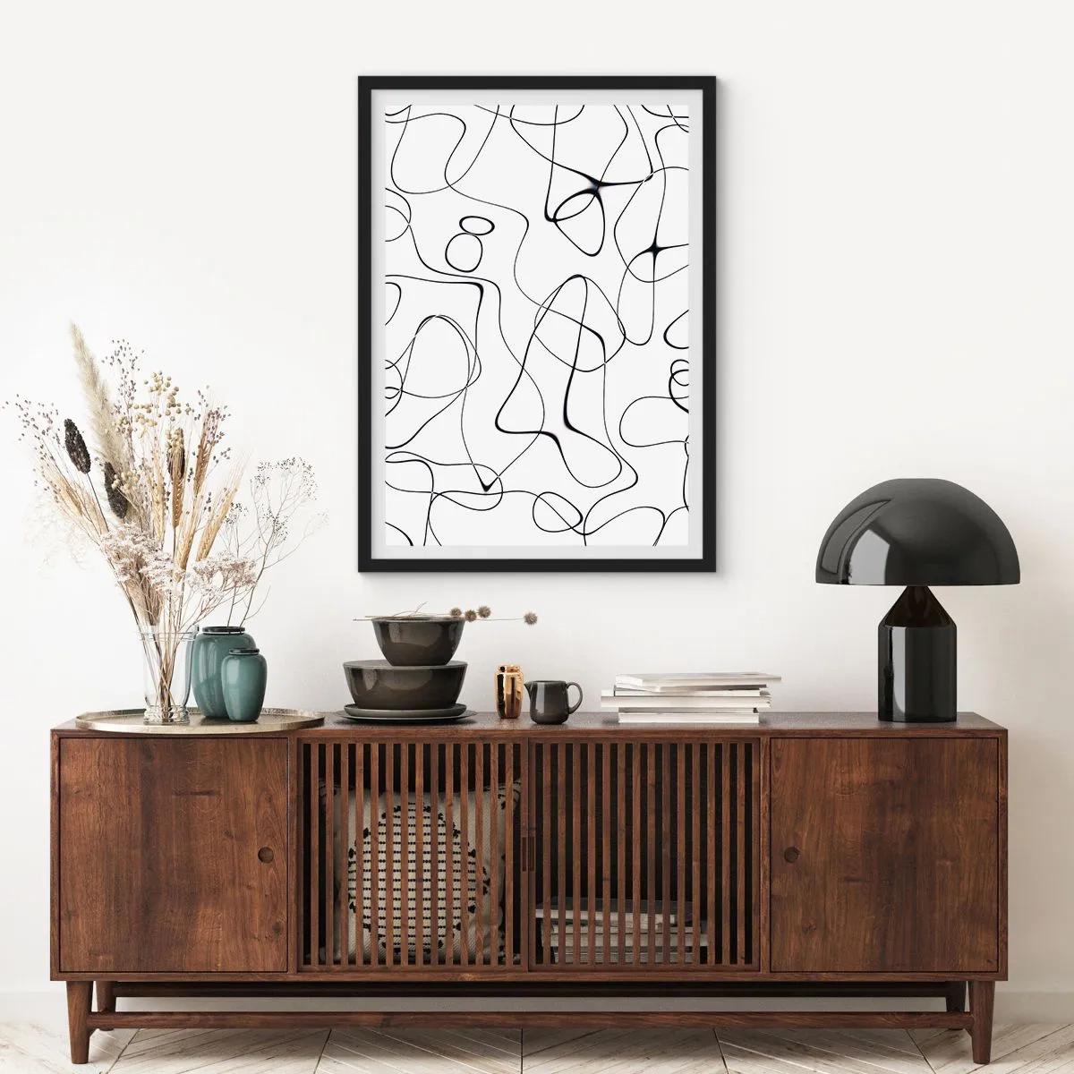 Póster en marco negro - Líneas negras abstractas sobre un fondo blanco - 50x70cm - Los caminos de la vida, las vicisitudes del destino - Decoración de pared moderna para salón y dormitorio ARTTOR