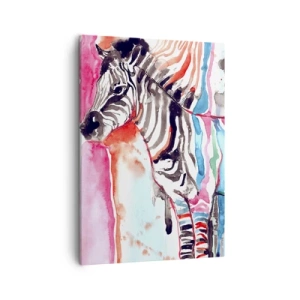 Cuadro sobre lienzo - Impresión de Imagen - Una cebra colorida sobre un fondo de patrones abstractos de acuarela. - 50x70cm - Una broma despreocupada de la naturaleza - Decoración de pared moderna para salón y dormitorio ARTTOR