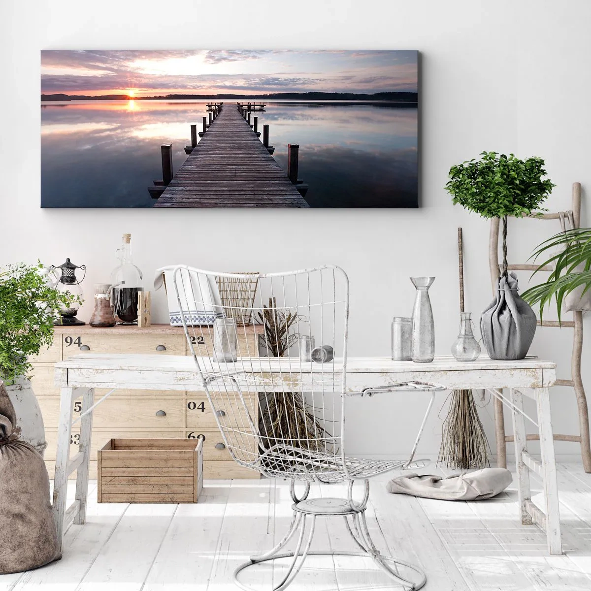Cuadro sobre lienzo - Impresión de Imagen - Un muelle en un lago al atardecer en un paisaje tranquilo. - 160x50cm - Frontera silenciosa del día y la noche - Decoración de pared moderna para salón y dormitorio ARTTOR