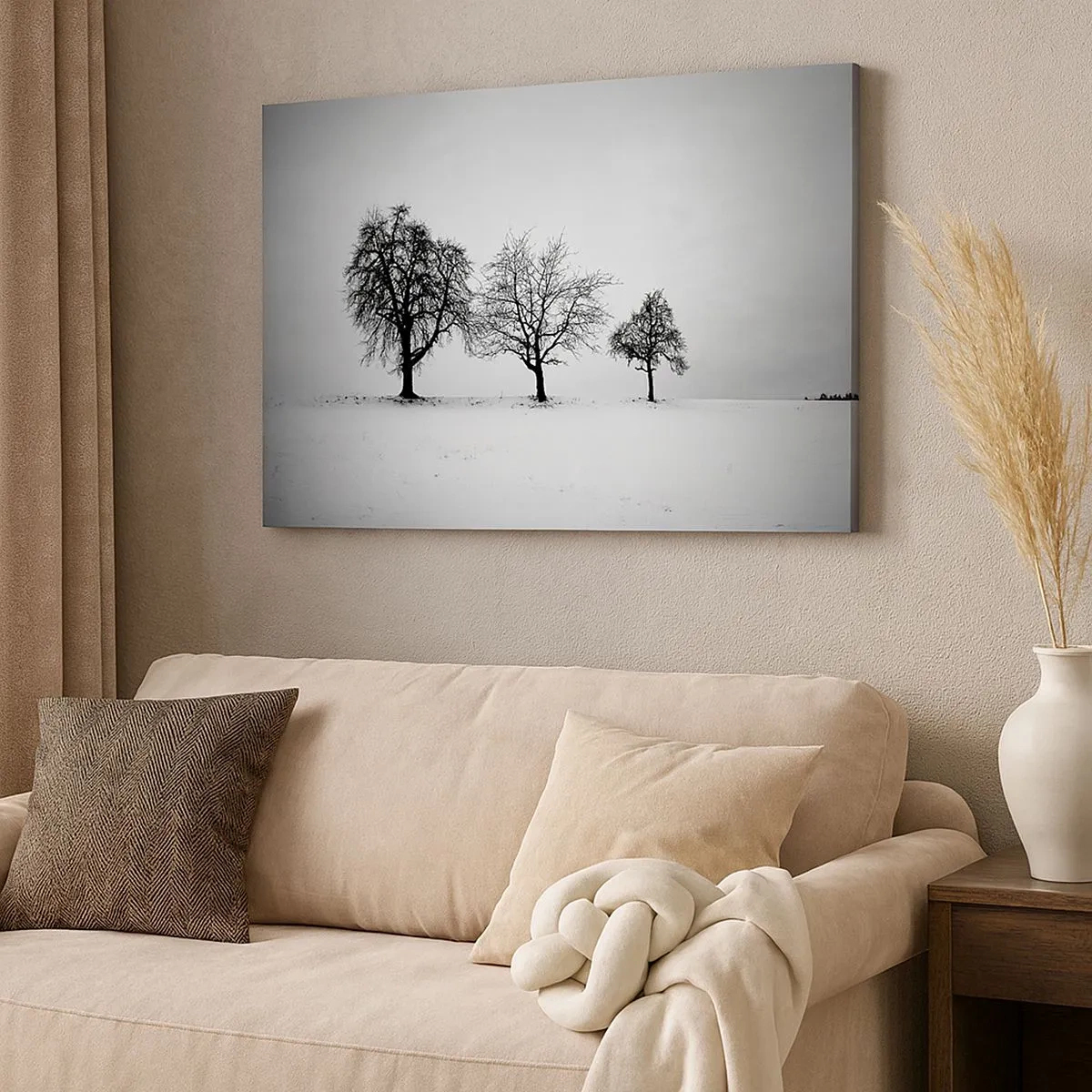 Cuadro sobre lienzo - Impresión de Imagen - Tres árboles en un campo nevado en estilo monocromático. - 70x50cm - ¿Con qué sueñan? - Decoración de pared moderna para salón y dormitorio ARTTOR