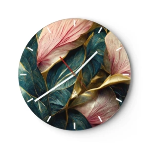 Reloj de pared - Reloj de vidrio - Hojas en tonos verdes, dorados y rosas en una forma elegante. - 30x30cm - Elegancia y estilo naturales - Decoración de pared moderna para salón, cocina y dormitorio ARTTOR