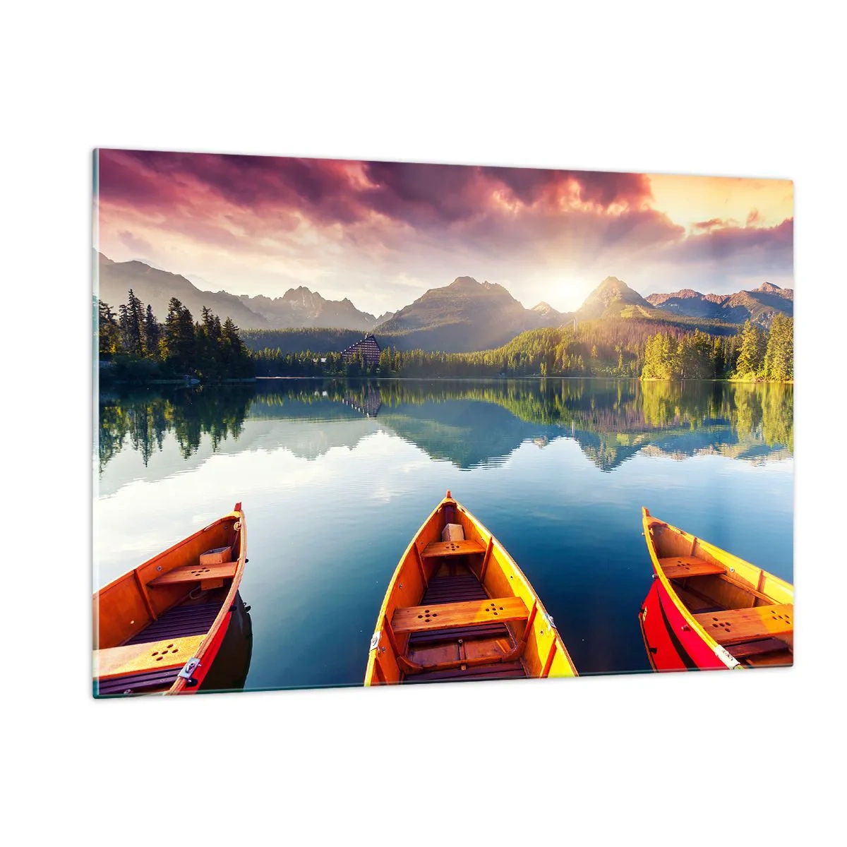 Cuadro sobre vidrio - Impresiones sobre Vidrio - Tres barcos de madera en un lago con vistas a las montañas al atardecer. - 120x80cm - Frente a la naturaleza - Decoración de pared moderna para salón y dormitorio ARTTOR