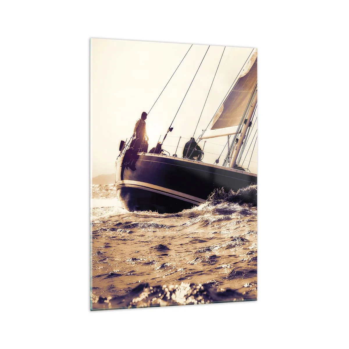 Cuadro sobre vidrio - Impresiones sobre Vidrio - Un yate en un mar tempestuoso a la luz del sol poniente. - 70x100cm - Navega, marinero - Decoración de pared moderna para salón y dormitorio ARTTOR