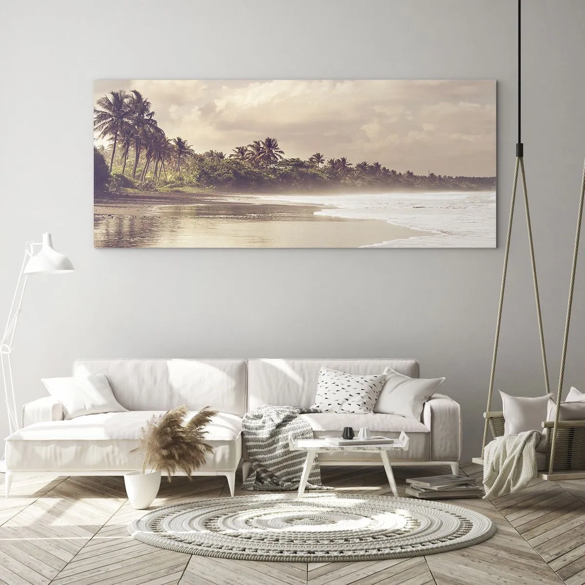 Cuadro sobre vidrio - Impresiones sobre Vidrio - Una playa con palmeras y olas suaves por la mañana. - 120x50cm - La caricia de las olas - Decoración de pared moderna para salón y dormitorio ARTTOR