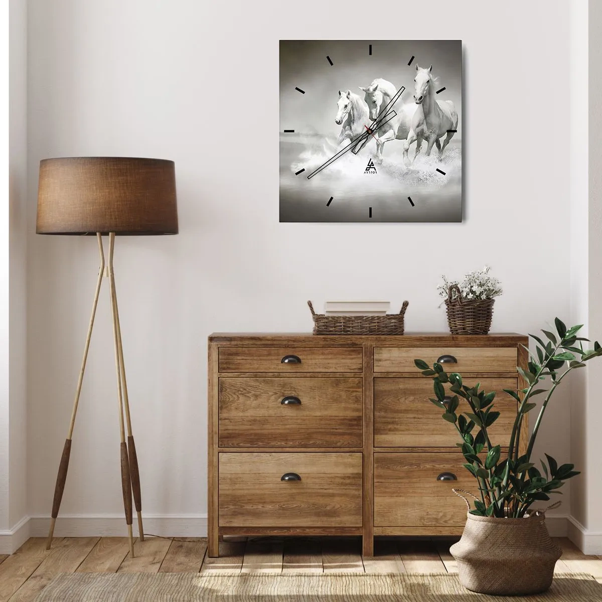 Reloj de pared - Reloj de vidrio - Tres caballos blancos galopando por el agua - 30x30cm - Locura blanca - Decoración de pared moderna para salón y dormitorio ARTTOR