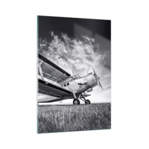 Cuadro sobre vidrio - Impresiones sobre Vidrio - Una fotografía en blanco y negro de un avión contra un cielo espectacular. - 50x70cm - El vagamundo alado - Decoración de pared moderna para salón y dormitorio ARTTOR