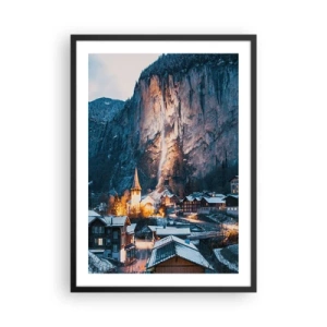 Póster en marco negro - Pueblo invernal iluminado al pie del acantilado - 50x70cm - El espíritu luminoso del invierno - Decoración de pared moderna para salón y dormitorio ARTTOR