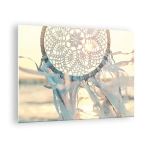 Cuadro sobre vidrio - Impresiones sobre Vidrio - Un tótem de encaje con delicados flecos sobre el fondo de la puesta de sol sobre el mar. - 70x50cm - Tótem sagrado - Decoración de pared moderna para salón y dormitorio ARTTOR