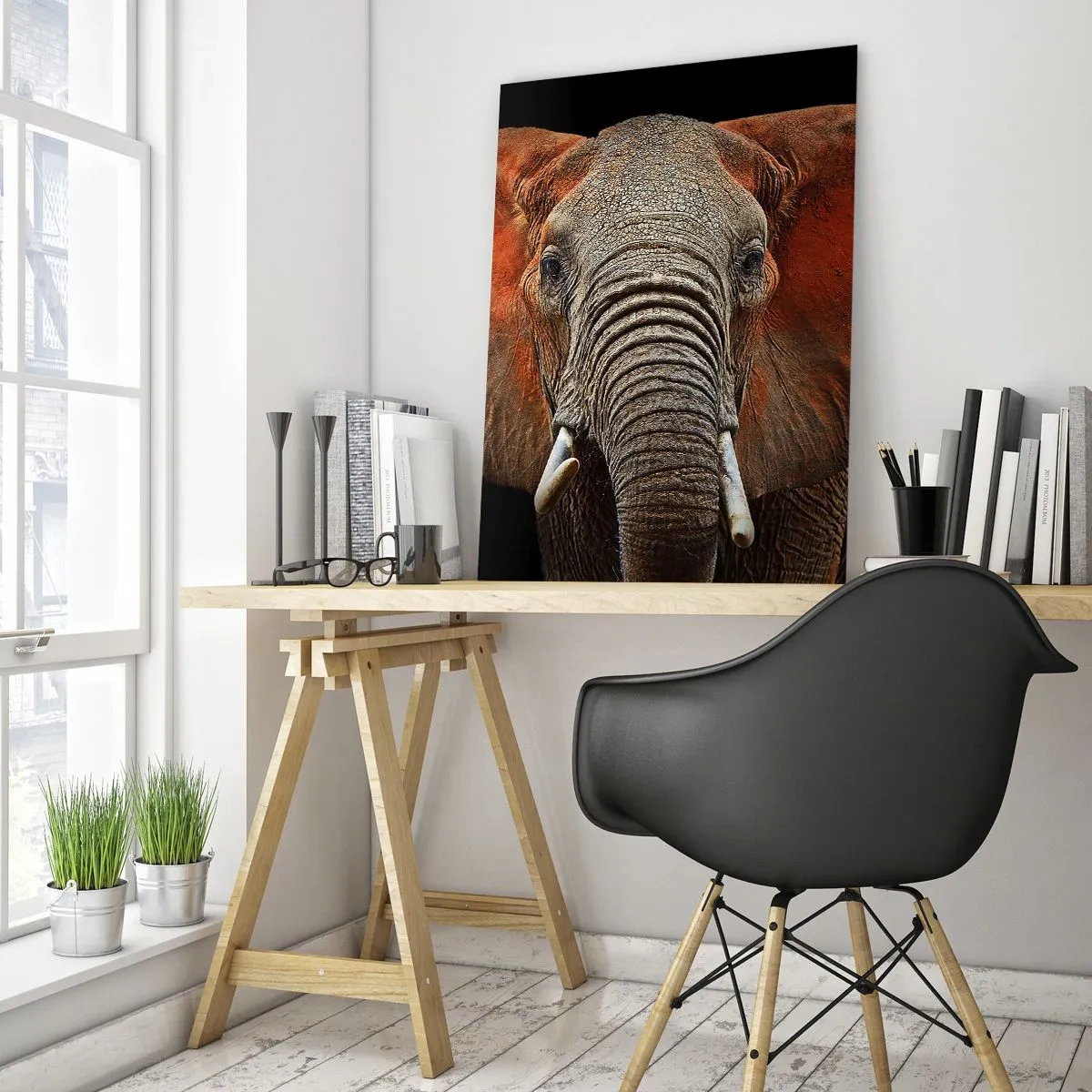 Cuadro sobre vidrio - Impresiones sobre Vidrio - Retrato de un elefante sobre fondo negro - 80x120cm - Soy salvaje, ¿y tú? - Decoración de pared moderna para salón y dormitorio ARTTOR