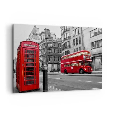 Cuadro sobre lienzo - Impresión de Imagen - Una cabina telefónica roja y un autobús de dos pisos en Londres con la ciudad al fondo. - 100x70cm - El más rojo de Europa - Decoración de pared moderna para salón y dormitorio ARTTOR