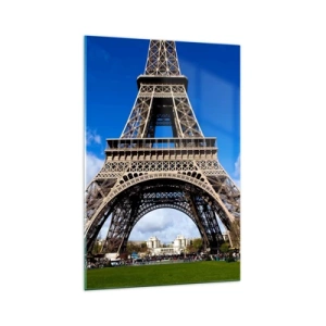 Cuadro sobre vidrio - Impresiones sobre Vidrio - La Torre Eiffel con el cielo azul y un parque verde como fondo. - 70x100cm - Todo París a sus pies - Decoración de pared moderna para salón y dormitorio ARTTOR