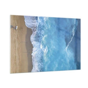 Cuadro sobre vidrio - Impresiones sobre Vidrio - Vista aérea de la playa y olas rompiendo. - 100x70cm - El poder del azul - Decoración de pared moderna para salón y dormitorio ARTTOR