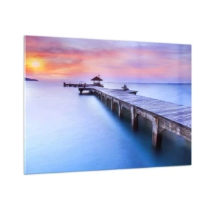 Cuadro sobre vidrio - Impresiones sobre Vidrio - Muelle de madera al amanecer en aguas tranquilas - 100x70cm - Un mar de calma hasta el horizonte - Decoración de pared moderna para salón y dormitorio ARTTOR