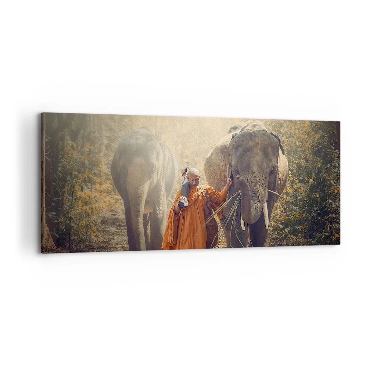 Cuadro sobre lienzo - Impresión de Imagen - Un monje con una túnica naranja guía un elefante en el bosque. - 120x50cm - Comprensión total - Decoración de pared moderna para salón y dormitorio ARTTOR