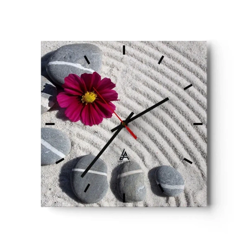 Reloj de pared - Reloj de vidrio - Piedras y una flor rosa sobre la arena en estilo zen. - 30x30cm - Energía y paz del círculo mágico de la naturaleza - Decoración de pared moderna para salón y dormitorio ARTTOR